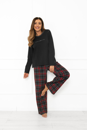 Italian Fashion Damen Schlafanzug dunkel melange-baumwolle, langarm und Hose, kariert
