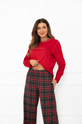 Italian Fashion Damen Schlafanzug in rot - Baumwolle, langarm und Hose, kariert 