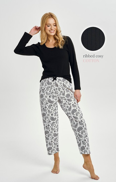 3454 Taro Damen-Baumwollpyjama, schwarz – lange Ärmel, gemusterte Hose