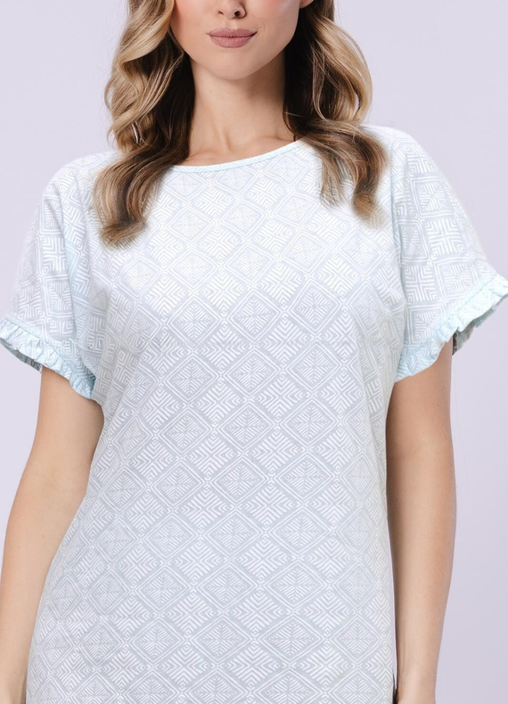 Damen Nachthemd 1730 Clea Leveza | 100% Baumwolle | Orientalischer Print, Volantärmel, Länge bis zum Knie