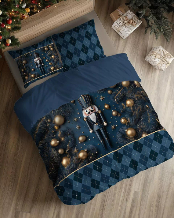 5823 A Weihnachts-Baumwollbettwäsche Christmas Dreams Detexpol marineblau mit Nussknacker – Weihnachtsset aus 100 % Baumwolle