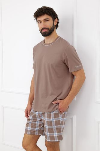 Herren-Pyjama Italian Fashion Dante aus Baumwolle, kurz, Shorts, kariert, mit Taschen – Cappuccino