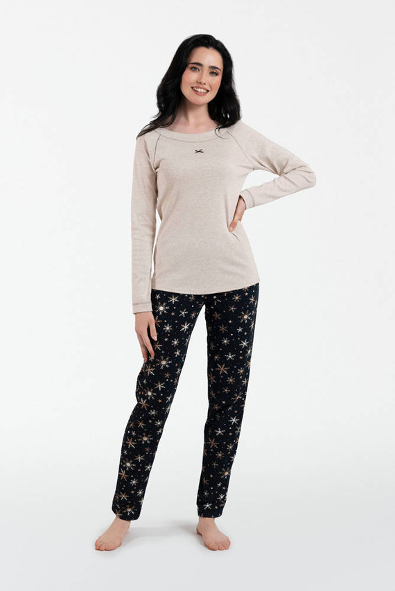 Denali Damen Schlafanzug langarm, lange Hose Italian Fashion- beige melange/print