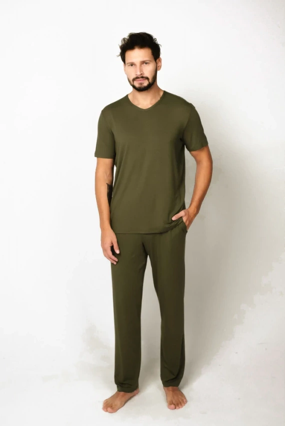 Dallas Herren Kurzarm-Pyjama, lange Hose Italian Fashion- khaki