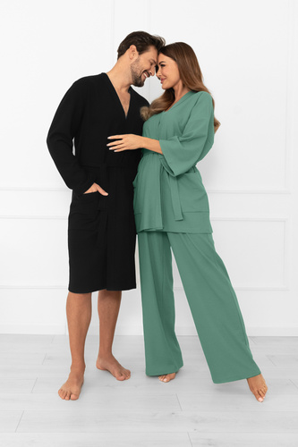 Bono Herren Bademantel Italian Fashion schwarz - mit Gürtel, geprägtes Muster, elegant und bequem