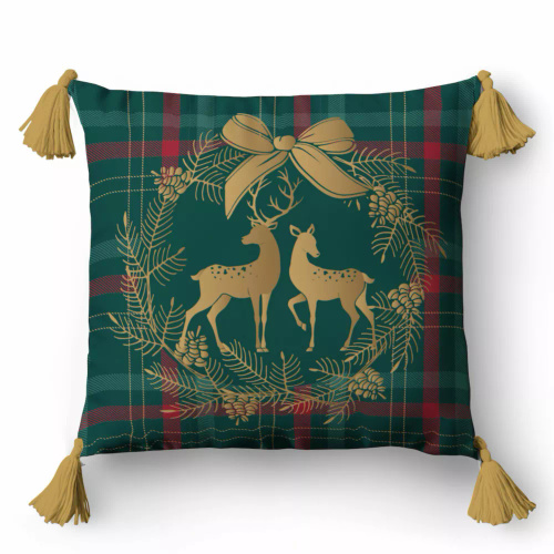 5380 A Dekorativer Weihnachtskissenbezug Weihnachtsdeko Detexpol Rentier im Kranz auf kariertem Hintergrund – Reißverschluss