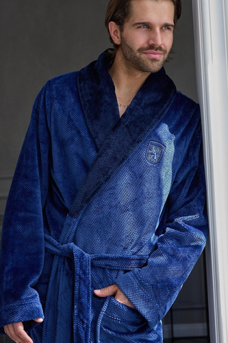 Herrenbademantel L&L 2662 Clever Weich Warm mit Schalkragen Blau