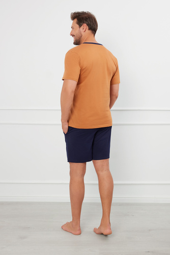 Julius Herren Kurzarm-Pyjama, Shorts Italian Fashion - cognac/grün