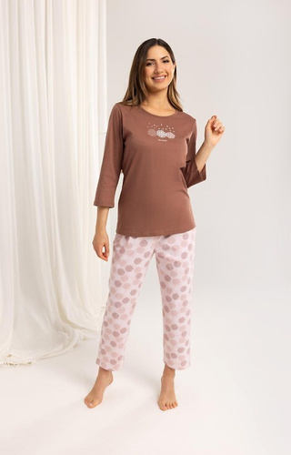 702 Regina-Baumwollpyjama braun – Damen, 3/4-Ärmel, 7/8-gemusterte Hose