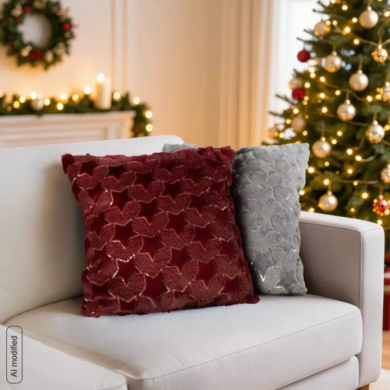 CHP313 Eurofirany Weihnachtskissenbezug 45x45 mit 3D Pailletten Sternen, bordeaux
