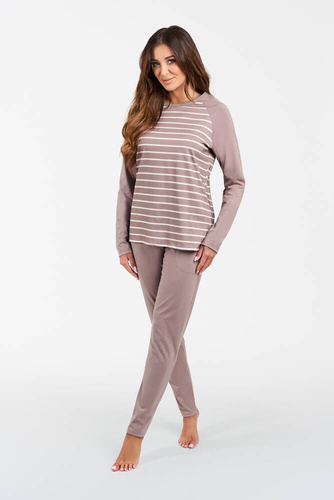 Oda Damen Schlafanzug mit langen Ärmeln, lange Hose Italian Fashion - Cappuccino/Cappuccino Druck 