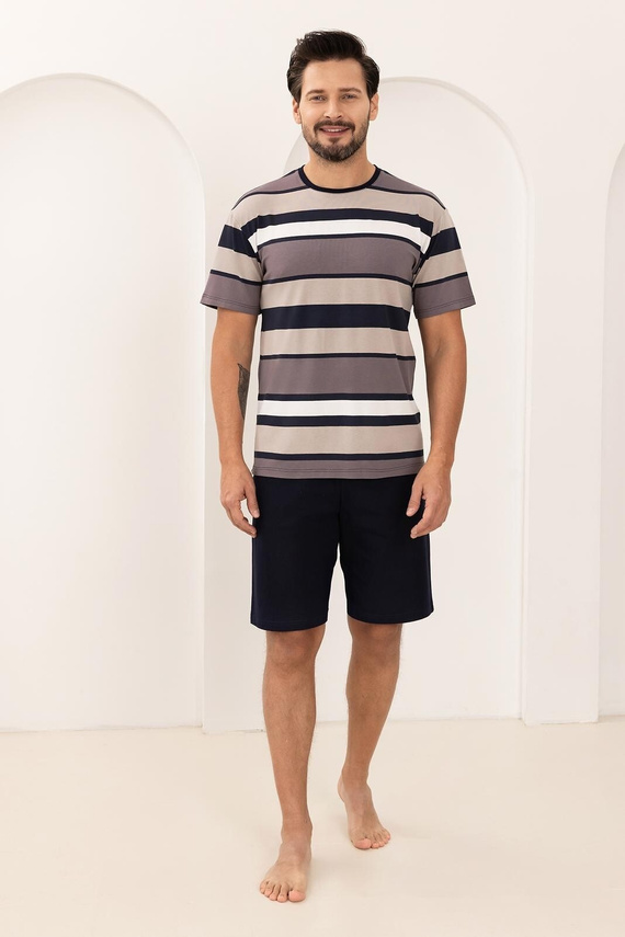 Herren Pyjama 501 Regina – 100% Baumwolle, Gestreiftes Kurzarm-Shirt & Shorts, Atmungsaktiv für Sommernächte