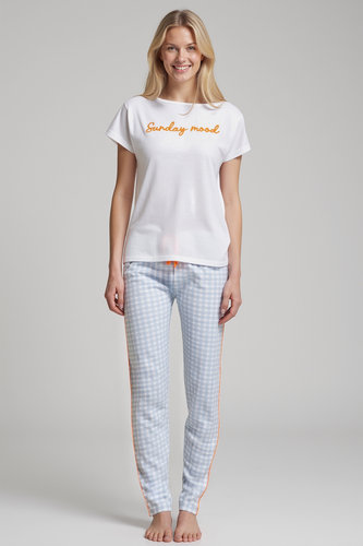 Dana Sorbetto Damen-Pyjama blau – 100 % Baumwolle, kurze Ärmel, karierte Hose, Set