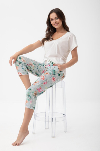 1306 Luna Damen Baumwollpyjama 7/8 mit Taschen und Blumenhose