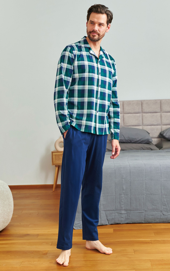 Doctor Nap 7367 – Baumwollpyjama für Herren mit kariertem Hemd | 100 % Baumwolle, polnische Produktion – Smaragd
