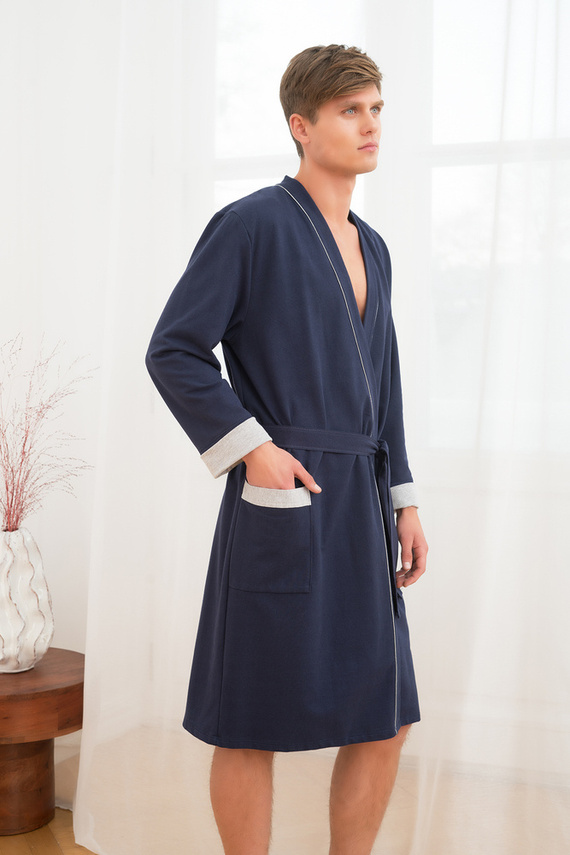 Gabriel Herren Bademantel mit Taschen Italian Fashion - marineblau/melange