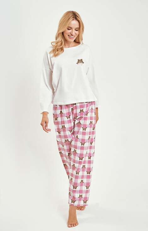 3441 Astrid Damen-Baumwollpyjama Tarobeige – lange Ärmel, karierte Flanellhose