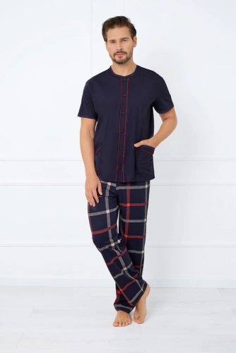Nelson Herren Schlafanzug mit kurzen Ärmeln, lange Hose Italian Fashion - navy blau/print