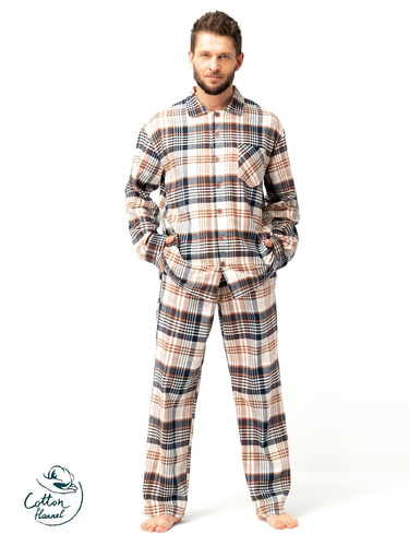 Key Herrenpyjama MNS 443 braun – Baumwollflanell, lange Ärmel, geknöpft