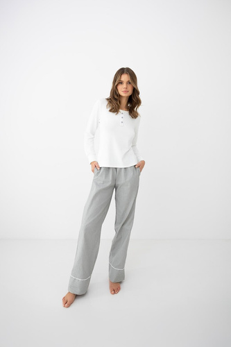 Sensis Salma Damen-Pyjama ecru-grau mit langem Arm und gestreiften Hosen
