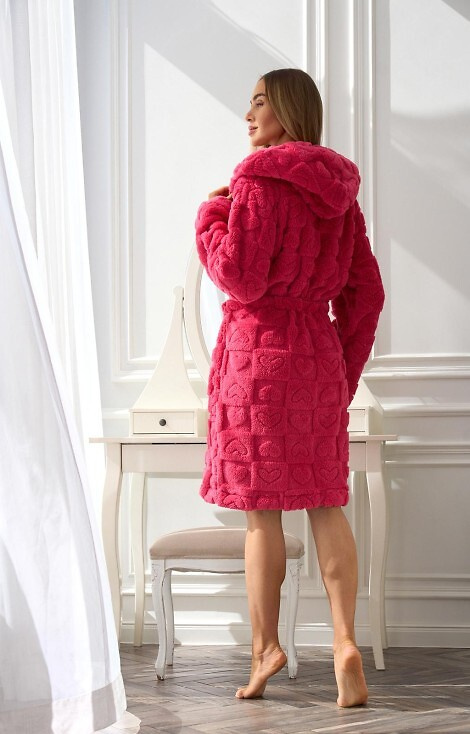 2553 Valentina L&L kurzer Damenbademantel mit Kapuze und Taschen – Himbeere