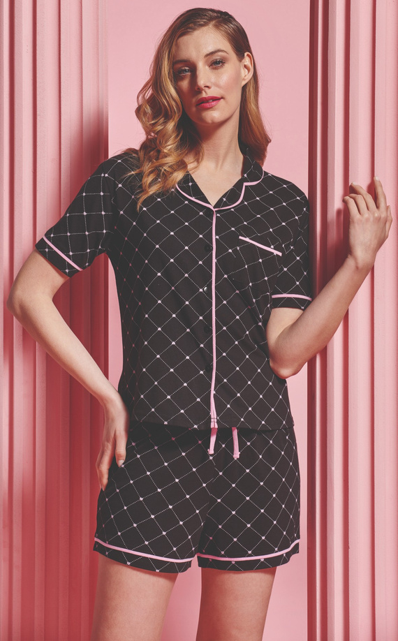 Coraline Sorbetto Damenpyjama, Schwarz – Hemdoberteil, kurze Shorts, 100 % Baumwolle
