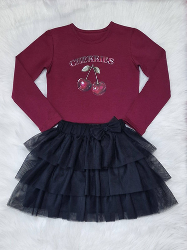 Burgunderrote Mädchenbluse Cherries Bambarillo – Baumwolle, lange Ärmel, mit Aufdruck