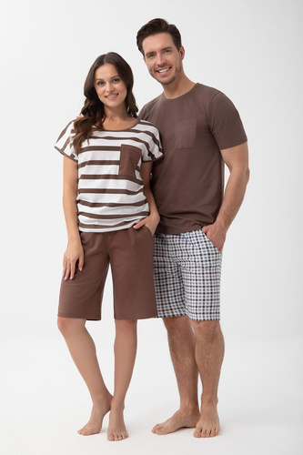 Männer-Pyjama 1601 Luna braun aus Baumwolle mit karierten kurzen Hosen