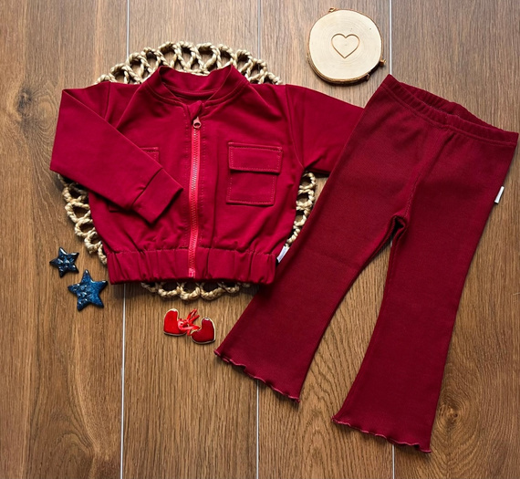 Mamatti DR820 Mädchen-Sweatset in Bordeaux, Bomberjacke mit Reißverschluss und Leggings mit Glockenform und Rippstruktur