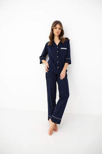Damen-Pyjama Sensis Dunkelblau 100% Baumwolle Kragen Knöpfe 3/4-Arm