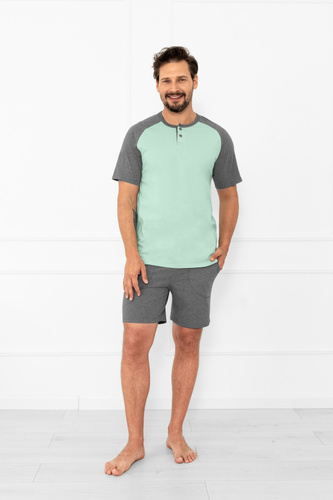 Herren Schlafanzug Alexander Italian Fashion - kurze Ärmel und kurze Hose, 100% Baumwolle - Salbei/Melange
