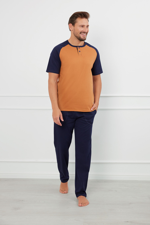 Alexander Herren Kurzarm-Pyjama, lange Hose Italian Fashion - cognac/grenade