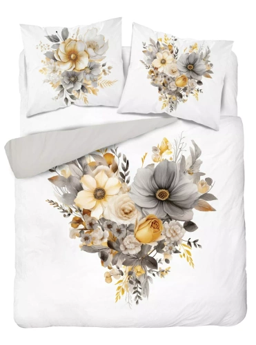 5125 Eine weiße Baumwollbettwäsche von Holland Detexpol mit einem Herzen aus beige-grauen Blumen – 100 % Baumwolle, doppelseitig, polnische Produktion