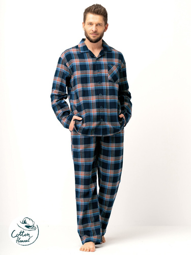Herrenpyjama Key MNS 431 Marineblau – Baumwollflanell, lange Ärmel, geknöpft