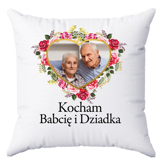 Ein Kissen mit einem Foto, das den Tag von Oma und Opa Mooch feiert