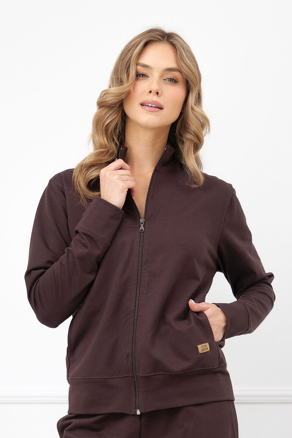 Damen-Sweatshirt Credo Italian Fashion aus Baumwolle, mit Reißverschluss, Stehkragen, Taschen – braun