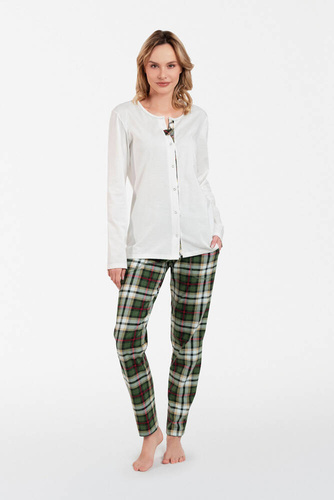 Asama Unbuttoned Ladies' Pyjamas lange Ärmel, lange Hosen Italian Fashion - ecru/print