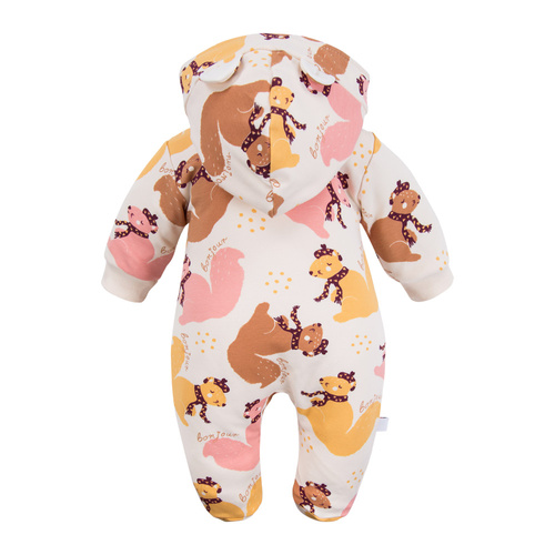 Fluffy Tails Eevi Kinder-Trainingsanzug – ecru, mit Füßen und Kapuze, Herbstdruck