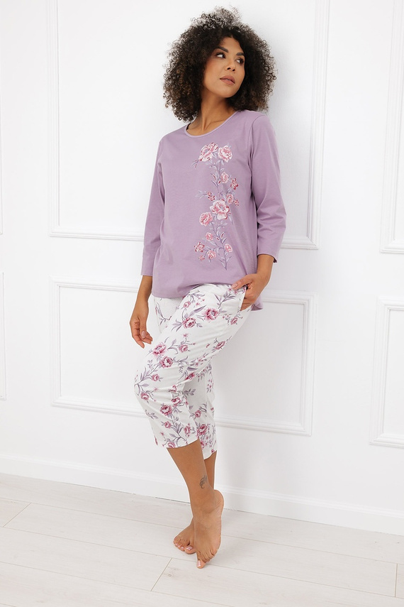 Italian Fashion Karilla Damen-Pyjama 3/4 Ärmel 100% Baumwolle Blumen Heidekraut