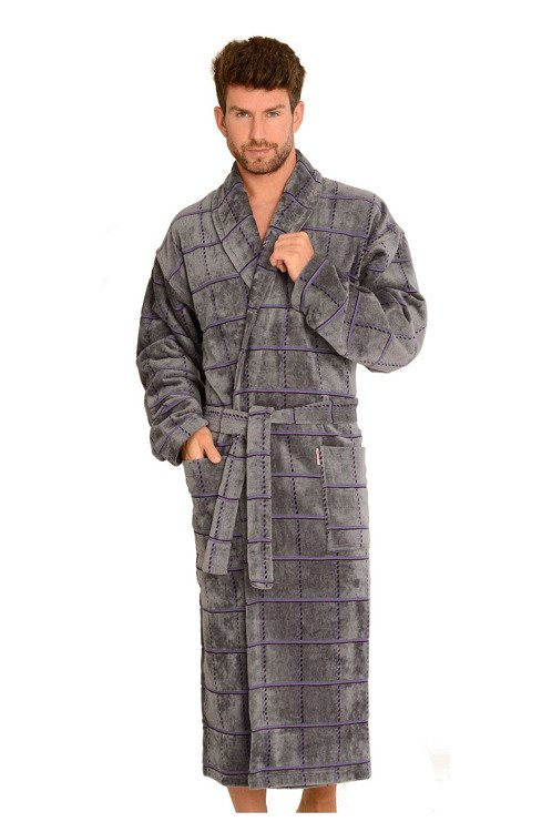 803 / 819 Twin Forex Frottee-Morgenmantel für Herren - grau mit lila Karos (grau kariert)