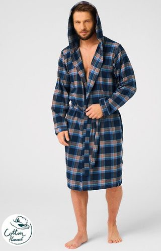 MGL 431 Key Jeans Herrenbademantel – kariert, weich, Schalkragen