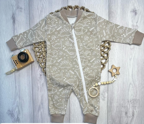 Mamatti PS16541 Baby-Strampler mit Reißverschluss aus Baumwolle, Dinosaurier, Beige