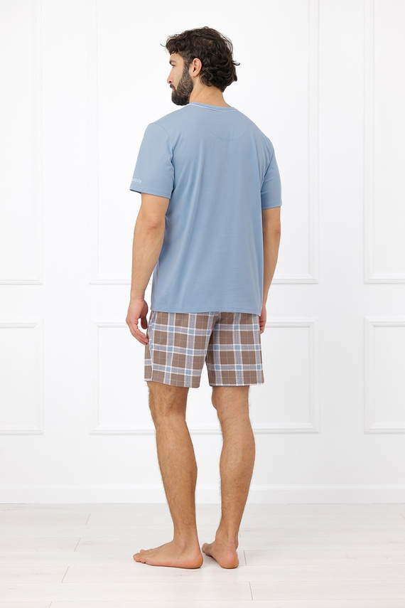 Herren-Pyjama Italian Fashion Dante aus Baumwolle, kurz, Shorts, kariert, Taschen – Stahlfarben