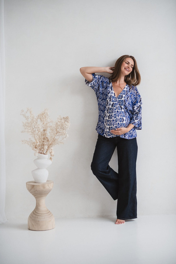 Bahama Mama Umstands-Stillbluse Milk&Love Druck Azul – Viskose, 3/4 Ärmel, Übergröße