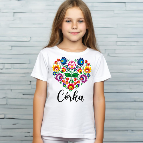 SKU R11k-1 „Daughter heart folk“ Moocha Kinder-Kurzarm-T-Shirt, weiß