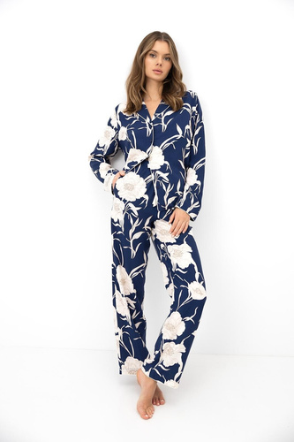 Sensis Vaya Damenpyjama 100% Viskose Dunkelblau mit Blumen und Knöpfen