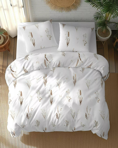 5771 B Cotton Bloom Detexpol weiße Baumwollbettwäsche mit braunem und beigem Gras und Ohren – 100 % Baumwolle, doppelseitig, polnische Produktion