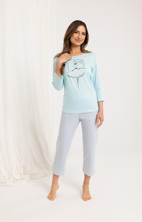 716 Regina Damen-Pyjama, türkis – Baumwolle, 3/4-Ärmel, 7/8-Hose mit Mustern