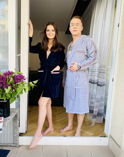 424 Lampas Damen-Bademantel - navy blau