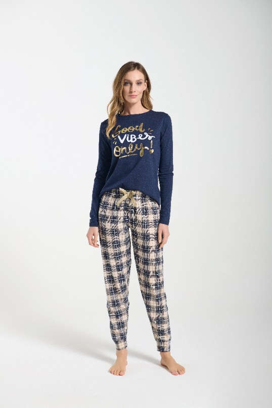 Bessy Piżama damska Sorbetto granatowa – jersey, złoty nadruk, spodnie w kratę